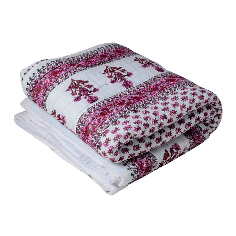 Namaste India Double Bed Size Pink Jaipuri Cotton AC Quilt Razai Floral Prints for Winters