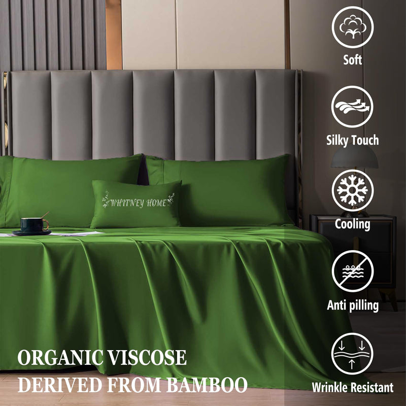 Green King Size Sheet Set 4 Piece Hotel Luxury Bamboo Bed Sheets Soft Breathable Lightweight Fitted Sheet 16" Extra Deep Pocket Pure Cooling Bamboo Sheets Wrinkle Free Durable 105" x 102" Flat Sheets