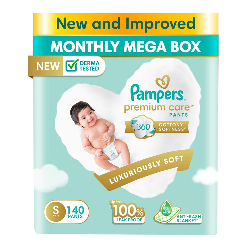 Pampers Premium Care Pants Style Baby Diapers, Small (S) Size, 140 Count, All-in-1 Diapers with 360 Cottony Softness, 4-8kg Diapers