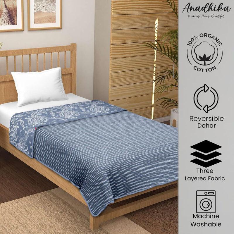 Anadhika 100% Cotton Reversible Dohar Single Bed AC Blanket for Summer Winter Travelling Light Weight Soft Blanket 60"x90" -Miniature Blue