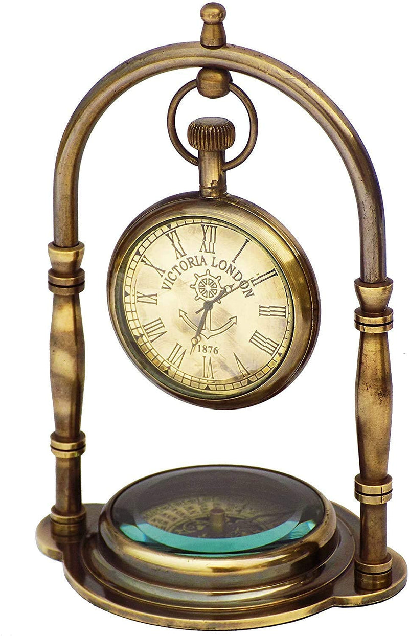 Regal Nautical Desk Clock Table Clock with Maritime Vintage Brass Compass Antique Victoria London Nautical Brass Antique Table, Gold