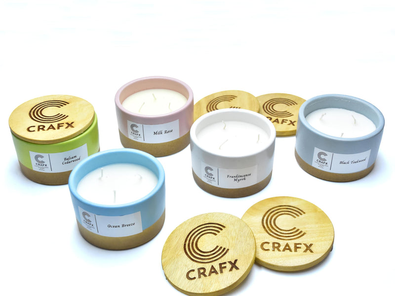 CRAFX Scented Candle with Natural Soy Wax Eco-Friendly Ceramic Jar with Wooden Lid Scented Candles for Home, Scented Candle Set - 2 (Balsam Cedarwood 128gm(4.5oz) | Ocean Breeze 75gm(2.5oz))