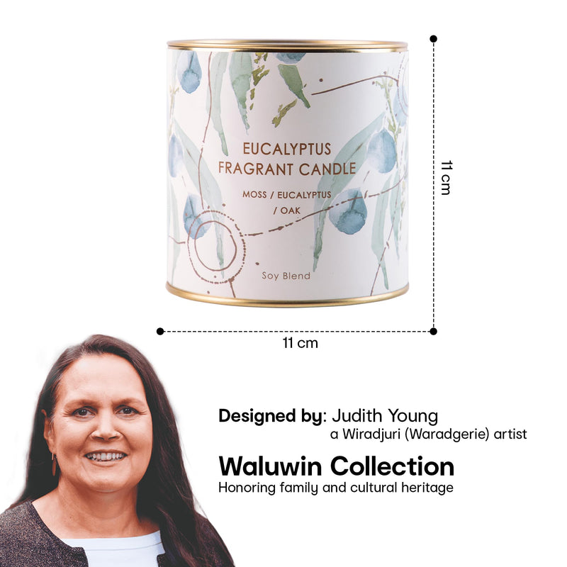 Anko Eucalyptus Soy Blend Fragrant Candle - White, Moss, Eucalyptus and Oak Fragrance | Designed by Wiradjuri (Waradgerie) Artist Judith Young for Waluwin Collection