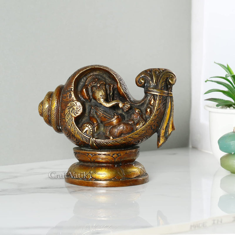 Collectible India Conch Ganesh Idol Relaxing Hindu God Statue Brass Sculpture Diwali Decor Gift