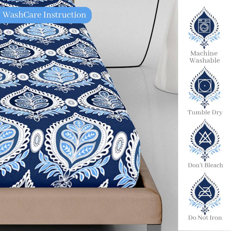 Divine Casa 144 TC Cotton Floral Print Single Bed Elastic Fitted Bedsheet with 1 Pillow Cover (90 X 198 + 15 cm, Blue Ribbon)