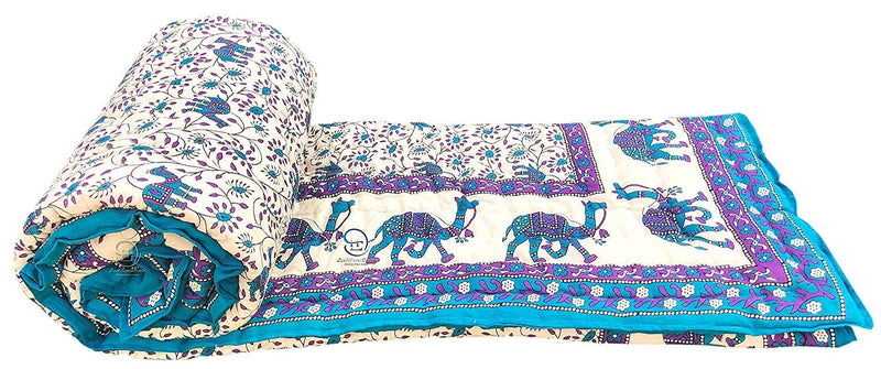 LushHavenDecor Rajasthani Traditional Cotton 240 TC Jaipuri razai rajai ac Blanket Blue Camel Animal Print with Floral Design Single Bed Jaipuri Quilt 55 x 85 inch (Blue) Reversible, Blue