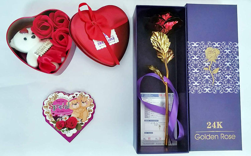 Saudeep India Trading Corporation Set of Teddy in Heart Shaped Box with, Beautiful Greeting Card and a Buke