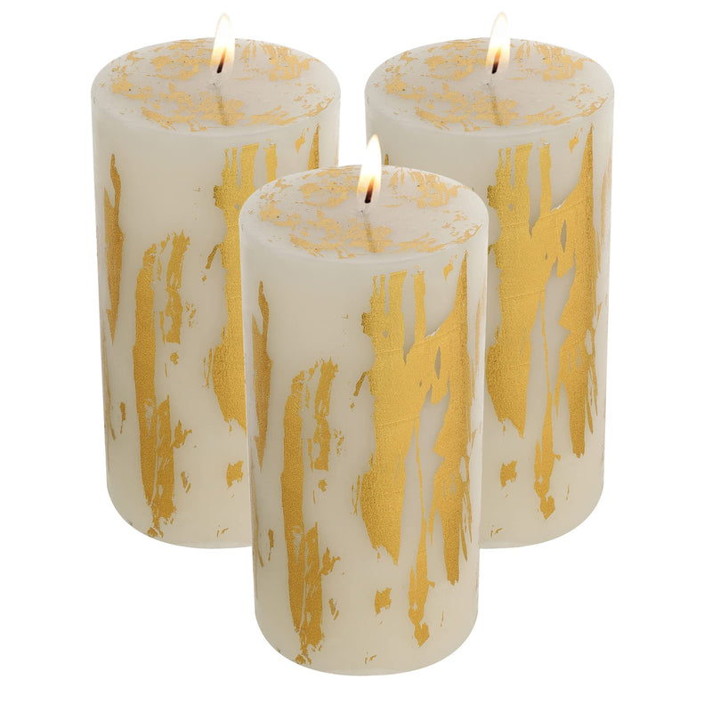 Oceann Gloww Scented White Pillar Candle with Royal Holographic Gold Foil I Dripless I Smokeless I Set of 3 I 3x6 inch I for Home Decor