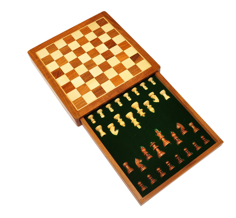 PALM ROYAL HANDICRAFTS 12 Inches Handmade Drawer Wooden Chess Board Set Made With Indian Rosewood | Inbuilt Storage Compatment For Chessmen - (12 X 12 Inches) Brown, Big Kid