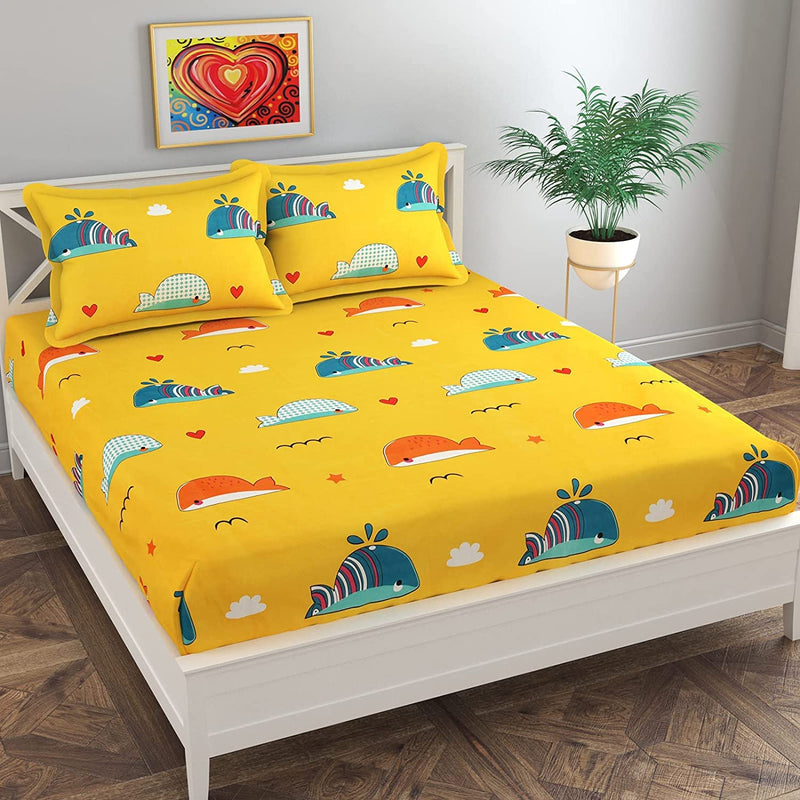 Tript Elastic Fitted Glace Cotton King Size (78x72 inches Upto 6 Inches) bedsheet for Kids with 2 Pillow Covers - 200TC Yellow Fish