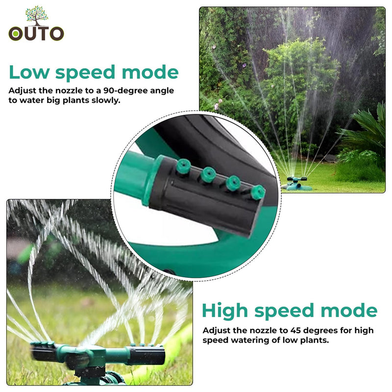 OUTO Automatic Garden Sprinkler 360 Degree Rotating Adjustable 3 Arm Water Sprayer for Watering Plants Outdoor Lawn Yard Irrigation System (Green)