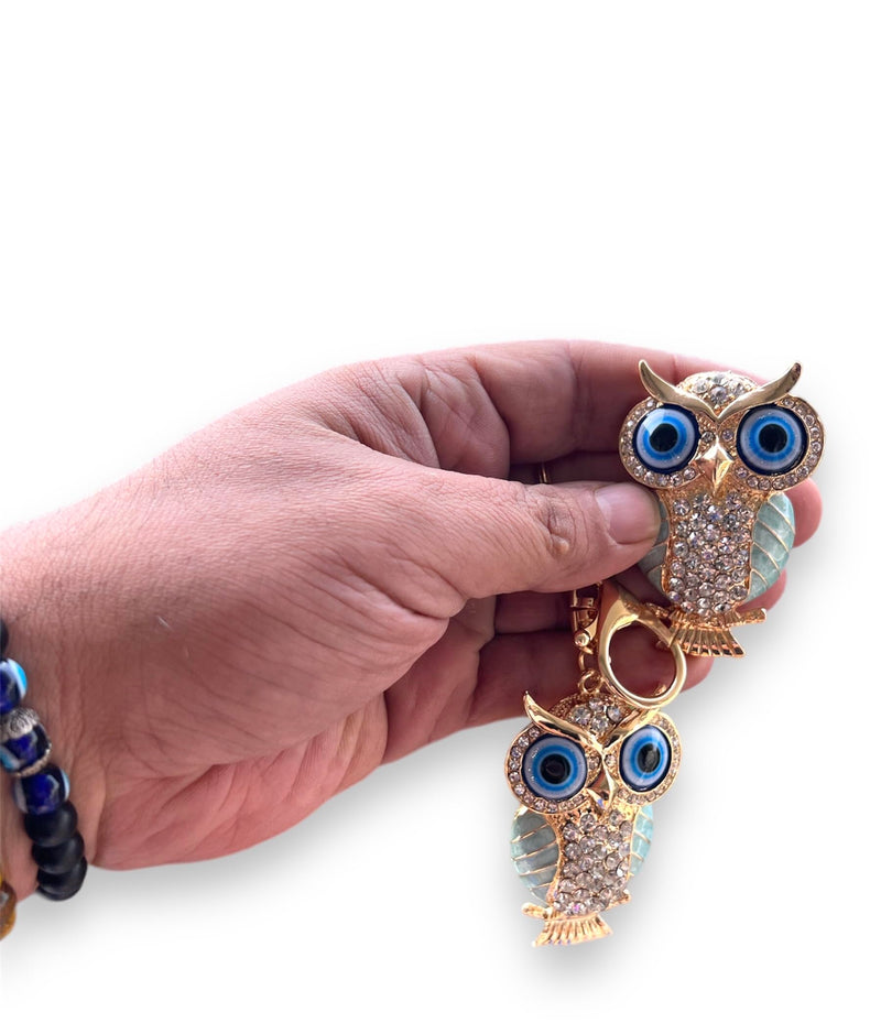 BLUE BEADS Combo Gold with Evil Eye Crystal Rhinestone Sparkling Owl Fridge Magnet and Keychain Handbag Charm for Women (Turquoise)