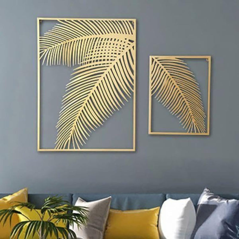 ATEEFA HOME DECOR 2 Pieces gold Metal Palm Leaf Wall Decor Home Art Set | Metal Wall Hanging Art Antique Style Wall Decor Restaurant | Hotel | Home | Bedroom | Living Room (Set of 2) (double leaf golden)