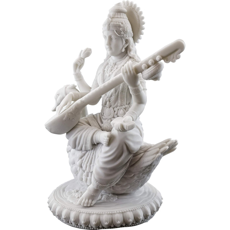 Top Collection 8" H 7" W Saraswati on Swan Statue in White Marble Finish - Hindu Goddess of Knowledge Sculpture