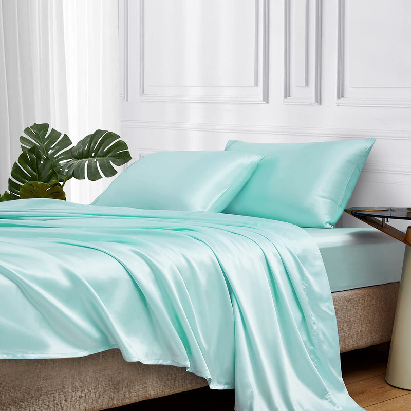 MR&HM Satin Bed Sheets, Queen Size Sheets Set, 4 Pcs Silky Bedding Set with 15 Inches Deep Pocket for Mattress(Queen, Turquoise)