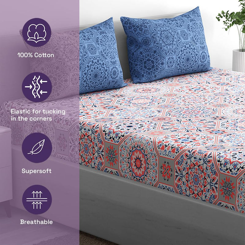 100% Cotton 152 TC Fitted Bedsheet with 2 Pillow Covers | Karol King, 78" x 72", Karol| 1.98m x 1.83m