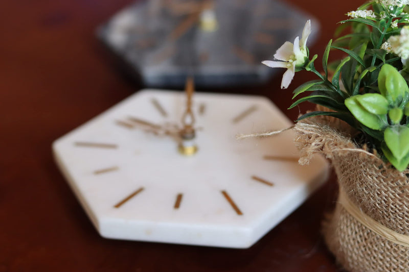 MARMEX Brand || Marble Brass Table Clock | Hexagon Shape II