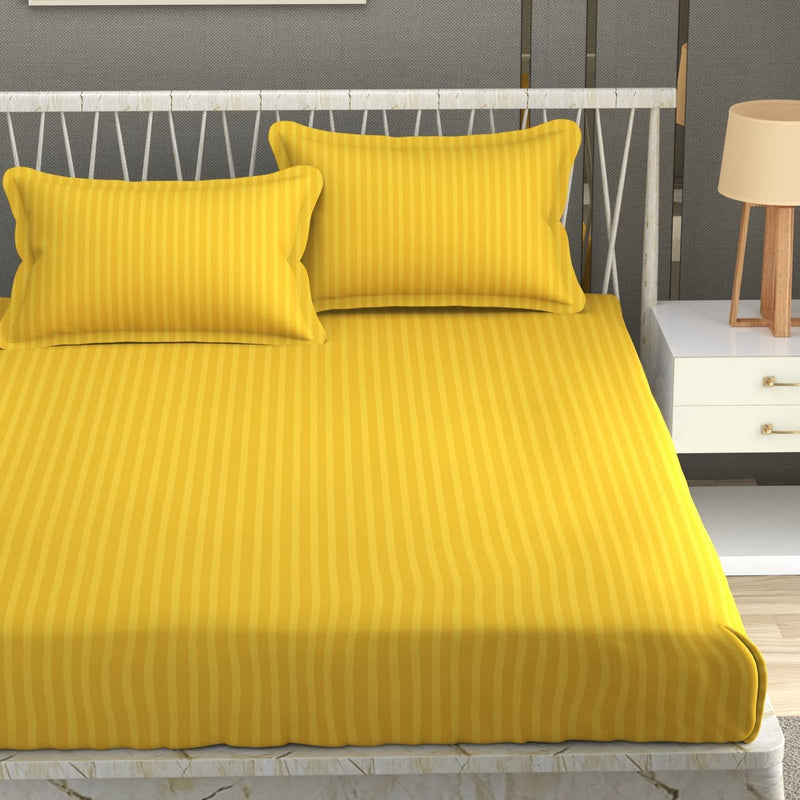 BLISSFUL HOME FURNISHING Cotton Blend Plain Stripe Elastic Fitted King Size Bedsheet With 2 Pillow Cover (90 *100 In Double Bed, Yellow) For 6X6.5 Feet Bed (72X78 In) Which Fits Upto 8 In Matress