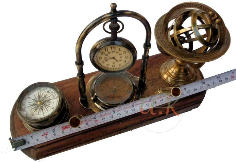 M.A & SONS Antique Brass Table top Clock with Pen Holder Compass and Armillary Sphere