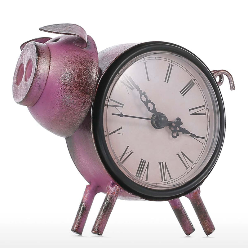 Tooarts Piggy Clock Handmade Vintage Metal Figurine Mute Table Clock Practical Clock One AA Battery