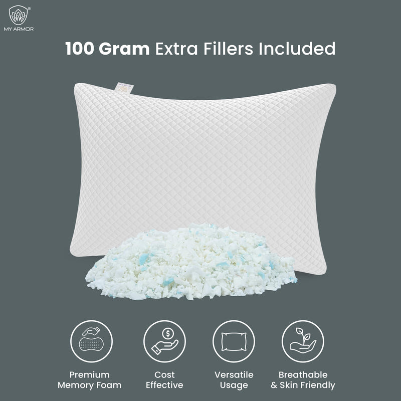 MY ARMOR Adjustable Shredded Memory Foam Pillow with Extra Filling | 350 GSm Antimicrobial Cover | 17" x 27" - 1 Piece