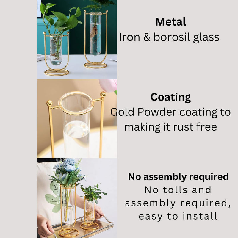 THE UNIQUE DESIGNS™ Desktop Glass Planter Hydroponics Vase Glass Propagation Station with Modern Creative Geometric Metal Frame Test Tube Vase for Home Office Decor Table Top (Set of 2)