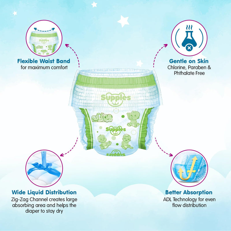 Supples Premium Diapers, X-Large (XL), 162 Count, 12-17 Kg, 12 hrs Absorption Baby Diaper Pants