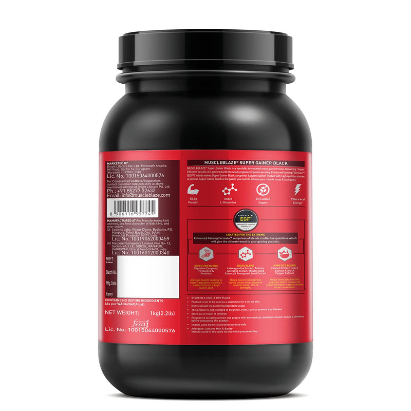 MuscleBlaze Super Gainer Black (Chocolate, 1 kg / 2.2 lb Powder)with Enhanced Gaining Formula- Appetite, Digestion & Testo Blend for Muscle Mass Gain