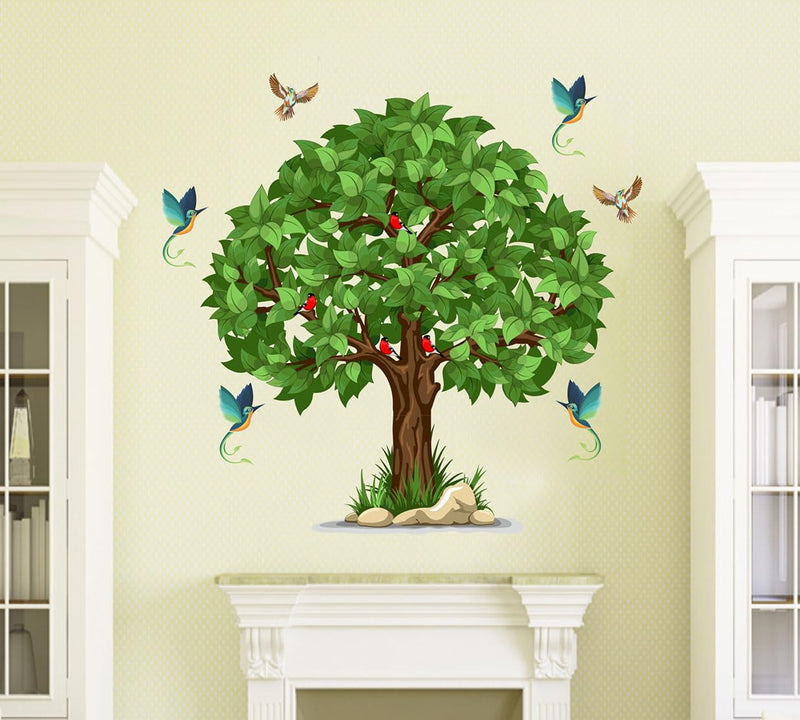 WALLBOOK Set of 2 Wall Stickers Bird House on a Branch | Green Tree for Home, Hall, Bedroom, Livingroom & Kitchen