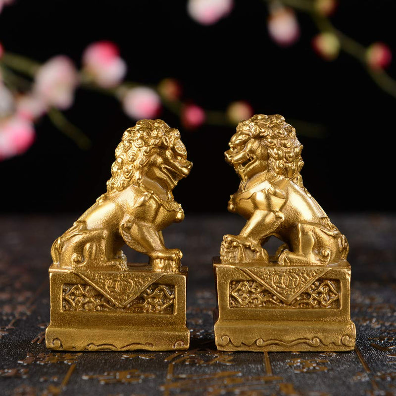 2.8in(H) Fengshui Brass Pair of Fu Foo Dogs Guardian Lion Statues Housewarming Congratulatory to Ward Off Evil Energy ZD099