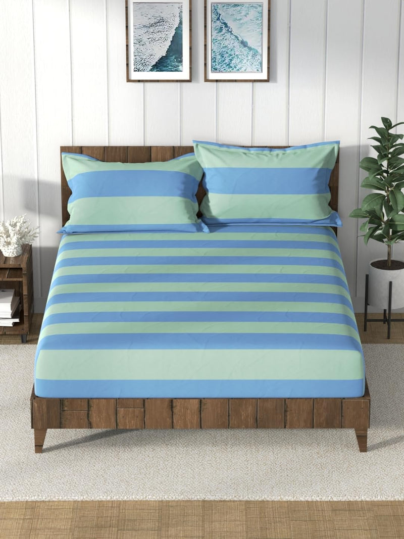 Nautica Super Soft 100% Cotton King Bedsheet and 2 Pillow Covers -3pc Set (Bristol) Stripe-Blue/Green