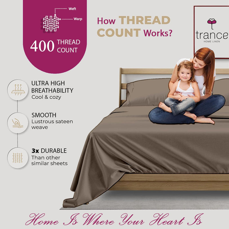 Trance Home Linen Pure 100% Cotton 400TC Plain King Size Bedsheet with 2 Pillow Covers (108 x 108 Inch | 9ft x 9ft, Brown Grey)