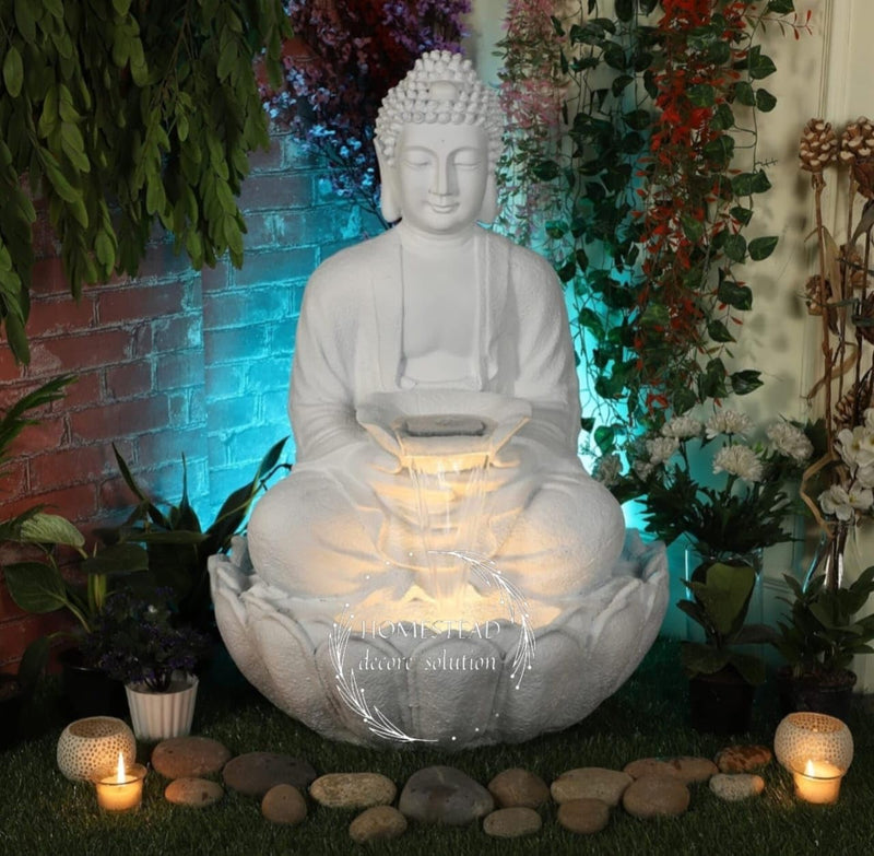 TENDENCE DECOR Garden Fountain with LED Light, Buddha Statue, Decorative Water Feature, Buddha Kamal Fountain 3 FEET FIBER (UNBREAKABLE)