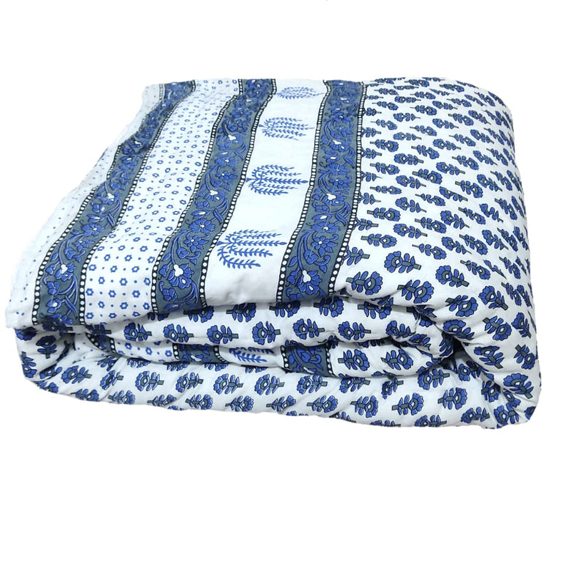 Gnudi Organic Pure Cotton Jaipuri Rajai/Rajasthani Traditional Cotton Quilt for Double Bed/Reversible Double Bed Quilt for Winters (90x100, Blue)