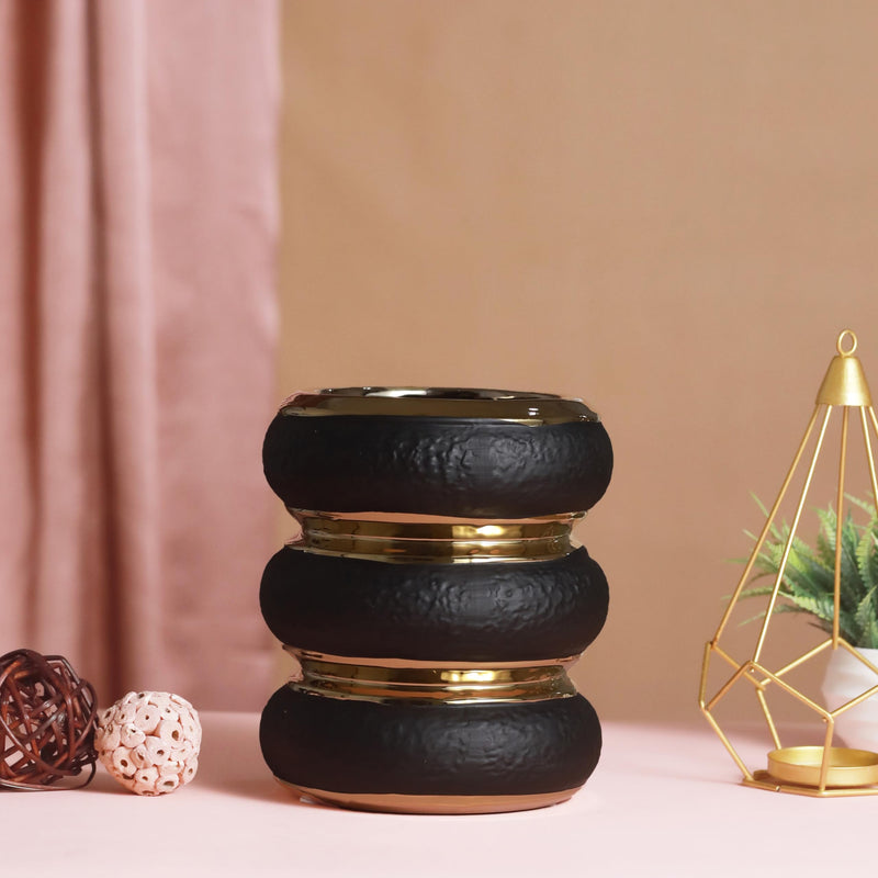 TIED RIBBONS Round Ceramic Vase (Black, 19 cm x 13.5 cm) for Home Decor Flowers Plants Living Room Bedroom Centrepiece Office Table Decoration Items