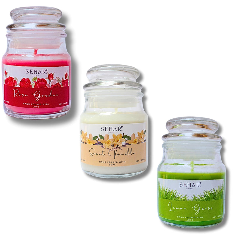 Sehar Living Fragrance Jar Candles Christmas Combo | 85 GMS Each | Pure Soy Wax | Burn Time - 18-20 Hours Each | Reusable Glass Jar | Hand Poured (Rose Garden, Sweet Vanilla & Lemongrass)