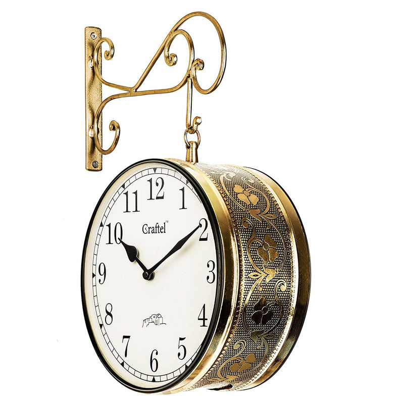 CRAFTEL Premium Series : 10 Inches Double-Sided Wall Analog Clock - Brass Plated, Ideal For Living Room