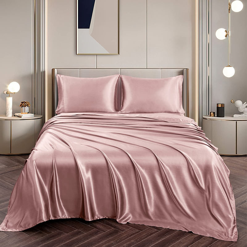 Vonty Satin Sheets Queen Size Silky Soft Satin Bed Sheets Pink Champange Satin Sheet Set, 1 Deep Pocket Fitted Sheet + 1 Flat Sheet + 2 Pillowcases