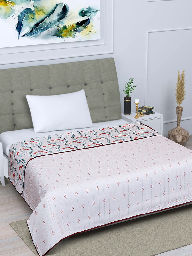 ROMEE 100% Cotton Dohar Single Bed Size | Reversible Ac Blanket Comforter | Soft Light-Weight Single Bed Dohar Modern Printed - White (60 inch x 90 inch)