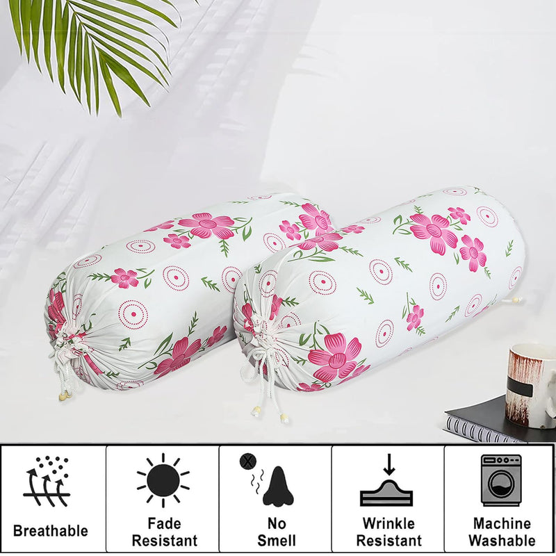 Kuber Industries Bolster Covers | Soft Cotton Bolster Cover Set | Bolster Pillow Covers | Pink Circle Flower Roll Masand Cover | Long Pillow Case | 16x32 Inch | Pack of 2 | White