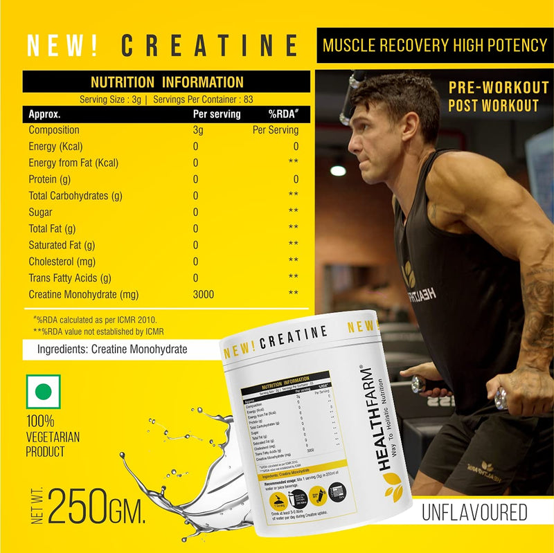 Healthfarm Creatine Monohydrate Powder - 3g of Micronized Creatine Powder per Serving, Creatine Pre Workout, Creatine for Building Muscle, Creatine Monohydrate (250 gram)