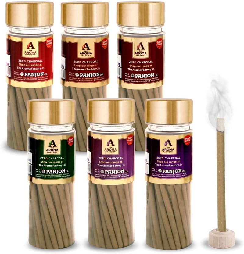 The Aroma Factory Rose,Sandal,Gugal,Loban & Lavender Dhoop Sticks for Pooja,100% Herbal Fragrance (Bottle Pack of 5 x100g) Jute Gift Set with Wooden Holder