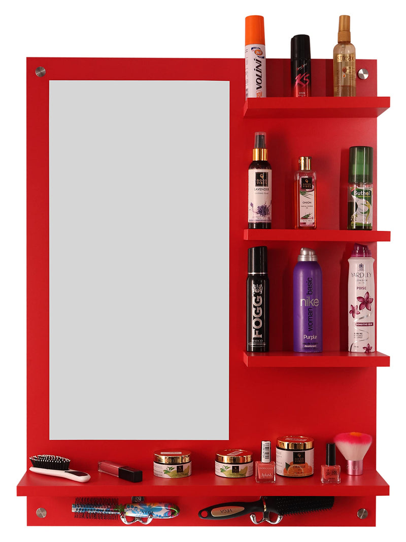 Captiver Bellezza Engineered Wood Wall Mounted Dressing Table Mirrors (60X13X80 cm, Red) Bedroom Home Living Room Bathroom Washbasin Furniture Accessories Organizer