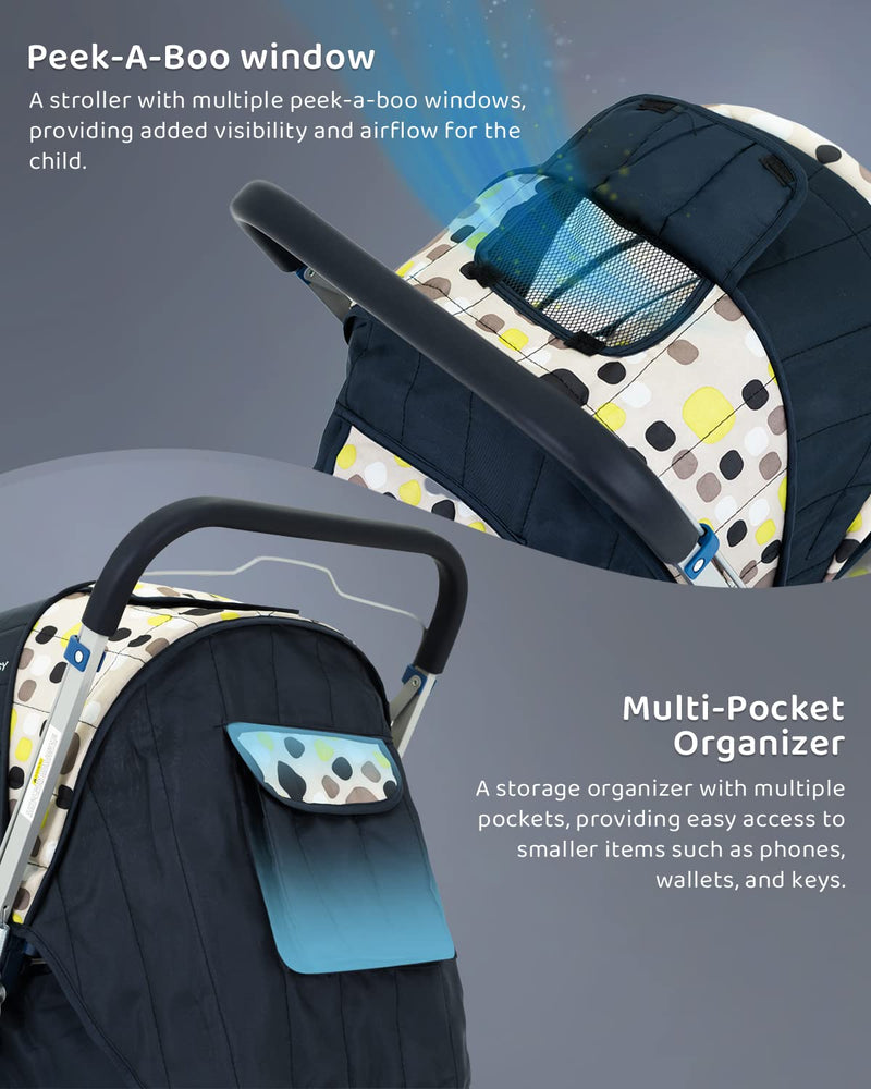 StarAndDaisy Sunrise Baby Stroller/Pram - 0-5 Years, Foldable, Lightweight, 3 Point Safety Harness, Adjustable Backrest, 360° Swivel Wheel, Large Storage Basket, Reversible Handlebar, Extended Mosquito Net (Spectrum)