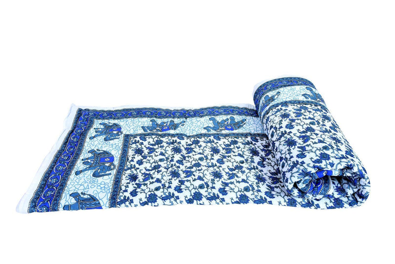 SVT Traditional Famous Jaipuri Beautiful Floral Print in White and Blue Jaipuri Rajai/Razai/Quilt Double/Double Bed Quilt/Comforter/AC Quilt/AC Comforter