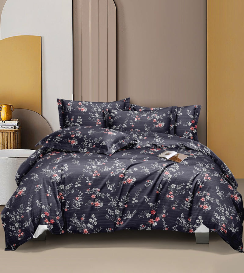 The Bright Evening Premium Bedsheet | King Size Bedsheet with 2 Pillow Covers -3pc Set | Floral | Blended Cotton | Charcoal Grey