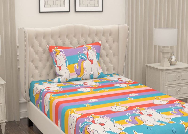 VOMZER Homes- Luxury Cutie Glace Cotton Cartoon Printed Size Single Bed Bedsheet with 1 Pillow Cover (Unicorn Aqua, Single, Pack of 1)