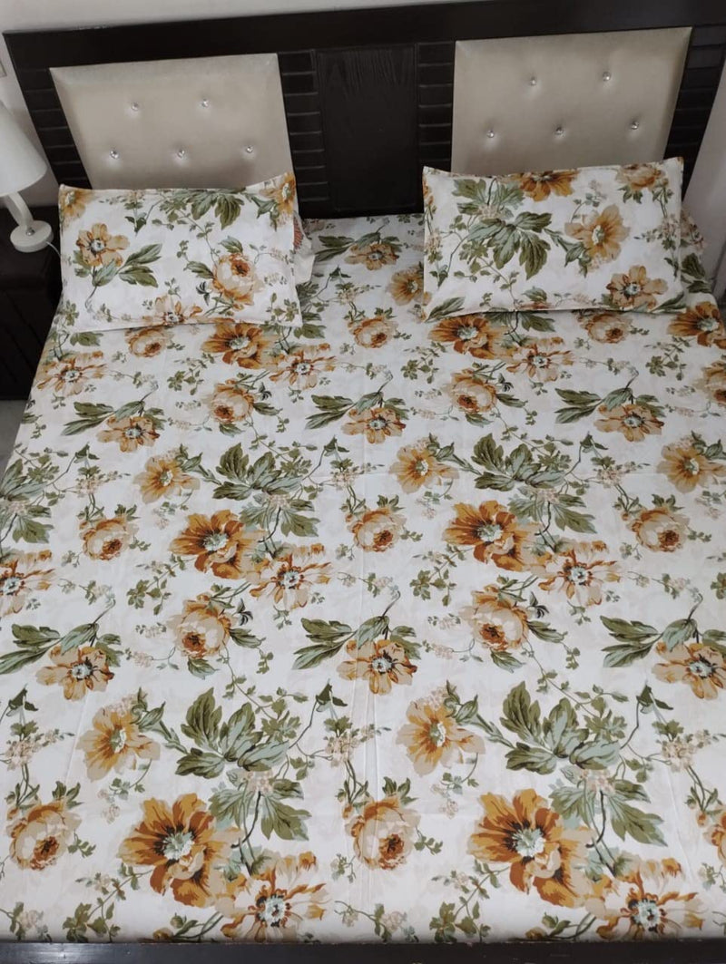 Vervique 200 TC Cotton Blends Floral Design Print Mix N Match Bedsheet for Double Bed with 2 Pillow Bed Cover | Yellow | Bedsheet Size - 90 * 100 inch | Pillow Size - 17 * 27 inch