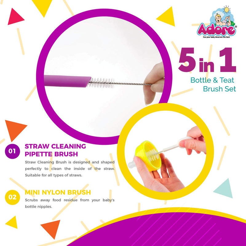 Adore Bottle Nipple and Straw Cleaning Kit, Multi Color Feeding Bottle Cleaner Brush (Cleaning Brush Kit) (5 in 1 Kit)