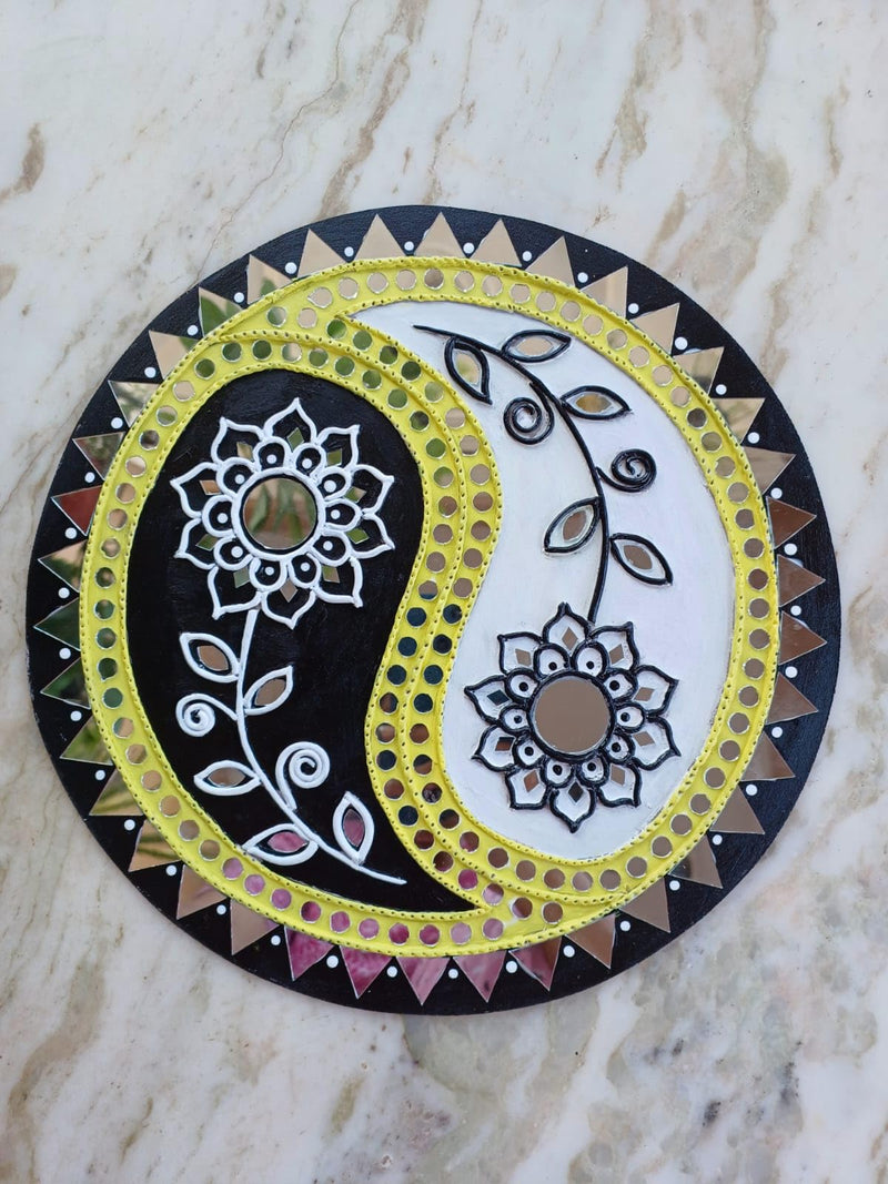 Decorative Item on MDF Board with Mouldit Clay, Acrylic Paint, Mirrors Wall Decor (Yin and Yang Symbol, 12 Inch)